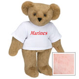 15" Marines T-Shirt Bear - Front view of standing jointed bear dressed in white t-shirt with red graphic that says, "Marines" - Pink image number 5