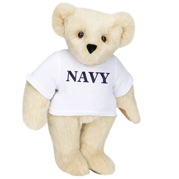 15" Navy T-Shirt Bear - Front view of standing jointed bear dressed in white t-shirt with navy blue graphic that says, "Navy" - Buttercream brown fur image number 1
