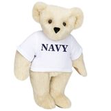 15" Navy T-Shirt Bear - Front view of standing jointed bear dressed in white t-shirt with navy blue graphic that says, "Navy" - Buttercream brown fur image number 1