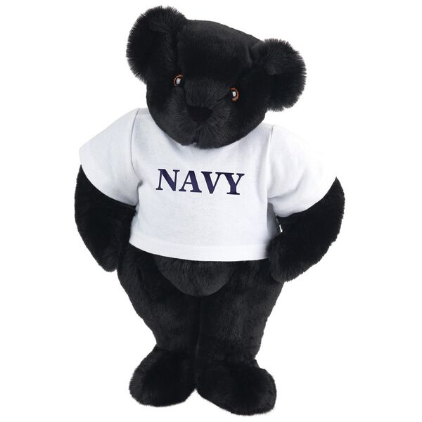 15" Navy T-Shirt Bear - Front view of standing jointed bear dressed in white t-shirt with navy blue graphic that says, "Navy" - Black fur image number 2
