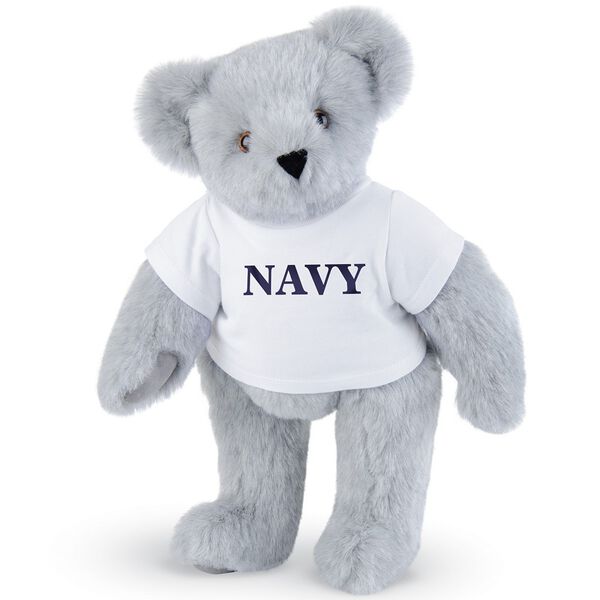 15" Navy T-Shirt Bear - Front view of standing jointed bear dressed in white t-shirt with navy blue graphic that says, "Navy" - Gray fur image number 3