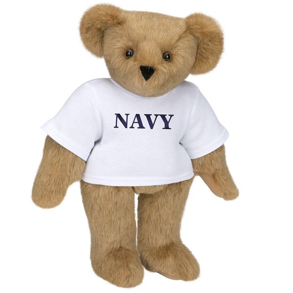 15" Navy T-Shirt Bear - Front view of standing jointed bear dressed in white t-shirt with navy blue graphic that says, "Navy" - Honey brown fur image number 0