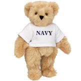 15" Navy T-Shirt Bear - Front view of standing jointed bear dressed in white t-shirt with navy blue graphic that says, "Navy" - Maple brown fur image number 4