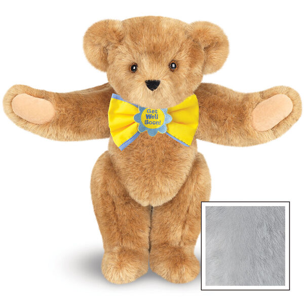 15" "Get Well" Bow Tie Bear - Standing jointed bear dressed in yellow bow tie with blue trim; "Get Well Soon" is embroidered on floral center - Gray image number 4