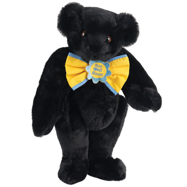 15" "Get Well" Bow Tie Bear - Standing jointed bear dressed in yellow bow tie with blue trim; "Get Well Soon" is embroidered on floral center - Black Fur image number 3