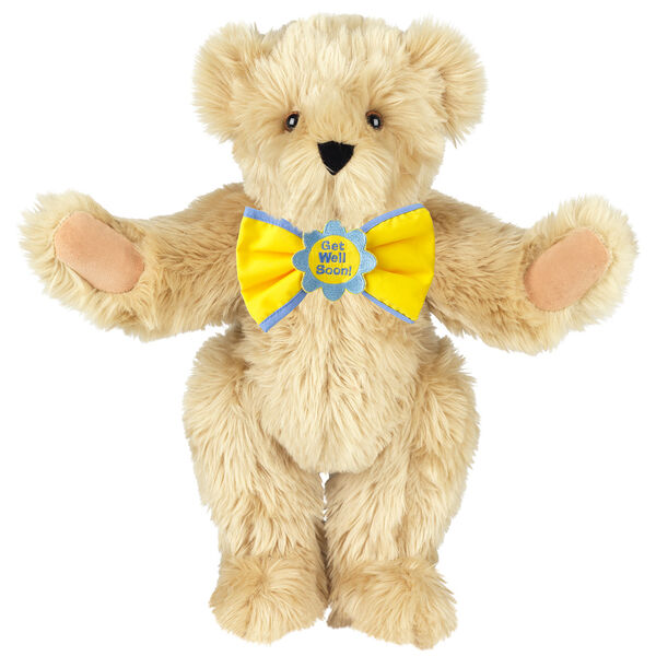 15" "Get Well" Bow Tie Bear - Standing jointed bear dressed in yellow bow tie with blue trim; "Get Well Soon" is embroidered on floral center - long Maple brown fur image number 6