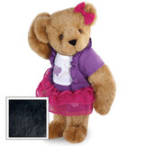 15" Glitter Whimsy Bear - Three quarter view of standing jointed bear dressed in a pink skirt and hair bow, white shirt with butterfly graphic, purple shorts and sweater image number 3