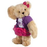 15" Glitter Whimsy Bear - Three quarter view of standing jointed bear dressed in a pink skirt and hair bow, white shirt with butterfly graphic, purple shorts and sweater - Maple brown fur image number 6