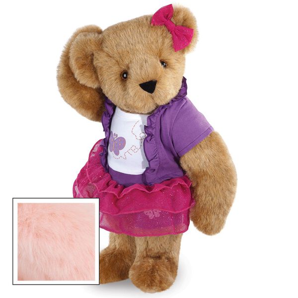 15" Glitter Whimsy Bear - Three quarter view of standing jointed bear dressed in a pink skirt and hair bow, white shirt with butterfly graphic, purple shorts and sweater - Pink fur image number 5
