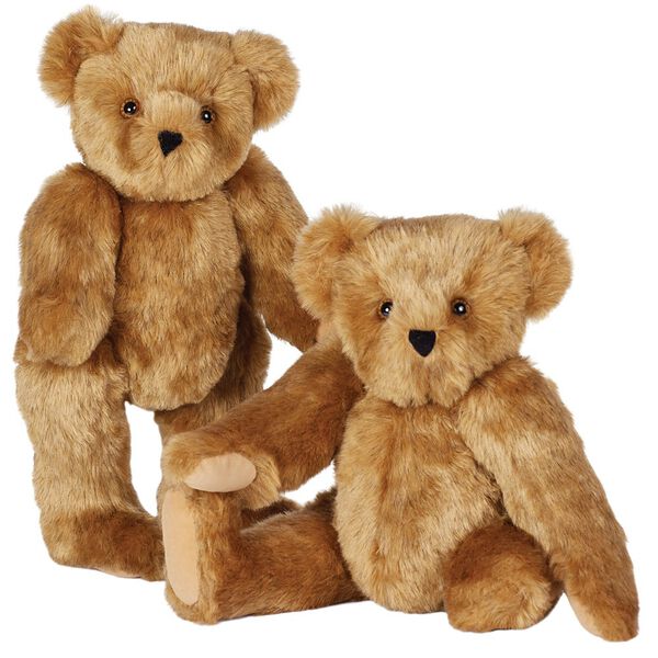 15" Limb Loss and Limb Difference Bear - Three quarter view of standing  and seated jointed bears with partial and full amputations - Honey brown fur image number 0