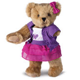 15" Limb Loss and Limb Difference Bear - Three quarter view of standing  jointed bear dressed in a Glitter Whimsy outfit - Honey brown fur image number 1