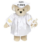 15" Graduation Bear in White Gown - Front view of standing jointed bear dressed in white satin graduation gown and cap and holding a rolled up diploma personalized "Jackson 2023" on right sleeve and "Syracuse" on left in gold - Buttercream  image number 1