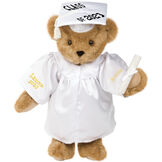 15" Graduation Bear in White Gown - Front view of standing jointed bear dressed in white satin graduation gown and cap and holding a rolled up diploma personalized "Jackson 2023" on right sleeve and "Syracuse" on left in gold - Honey image number 0