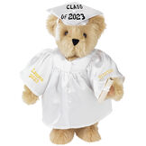 15" Graduation Bear in White Gown - Front view of standing jointed bear dressed in white satin graduation gown and cap and holding a rolled up diploma personalized "Jackson 2023" on right sleeve and "Syracuse" on left in gold - Maple image number 6