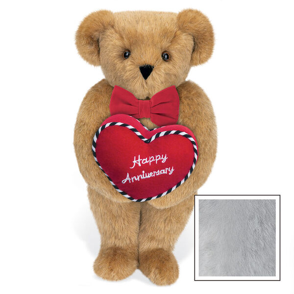15" Happy Anniversary Bear - Front view of standing jointed bear dressed in a red velvet bow tie and holding a red heart pillow that says' Happy Anniversary" in white  - Gray image number 4