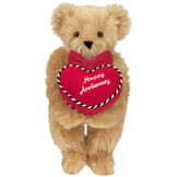 15" Happy Anniversary Bear - Front view of standing jointed bear dressed in a red velvet bow tie and holding a red heart pillow that says' Happy Anniversary" in white  - Maple brown fur image number 6