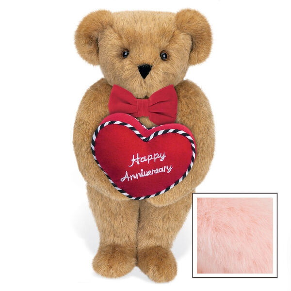 15" Happy Anniversary Bear - Front view of standing jointed bear dressed in a red velvet bow tie and holding a red heart pillow that says' Happy Anniversary" in white  - Pink image number 5