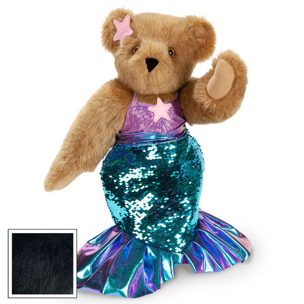 15" Mermaid Bear - Three quarter view of standing jointed bear dressed in a blue sequin tail and purple top with shell embroidery an pink starfish applique and earpiece - black fur image number 6
