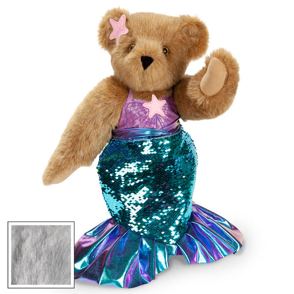 15" Mermaid Bear - Three quarter view of standing jointed bear dressed in a blue sequin tail and purple top with shell embroidery an pink starfish applique and earpiece - gray fur image number 7