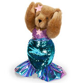 15" Mermaid Bear - Three quarter view of standing jointed bear dressed in a blue sequin tail and purple top with shell embroidery an pink starfish applique and earpiece - honey brown fur image number 2