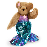 15" Mermaid Bear - Three quarter view of standing jointed bear dressed in a blue sequin tail and purple top with shell embroidery an pink starfish applique and earpiece - honey brown fur image number 0