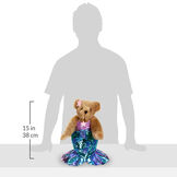 15" Mermaid Bear - Front view of standing jointed bear dressed in a blue sequin tail and purple top with shell embroidery an pink starfish applique and earpiece with a measurement of 15" - Honey brown fur image number 10