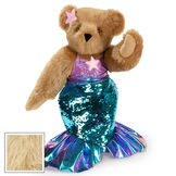 15" Mermaid Bear - Three quarter view of standing jointed bear dressed in a blue sequin tail and purple top with shell embroidery an pink starfish applique and earpiece - maple brown fur image number 9