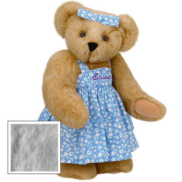15" Mother Bear - Three quarter view of standing jointed bear dressed in blue floral dress and hair bow personalized with "Susan" in purple on bodice of dress - Gray fur