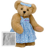 15" Mother Bear - Three quarter view of standing jointed bear dressed in blue floral dress and hair bow personalized with "Susan" in purple on bodice of dress - Gray fur image number 5