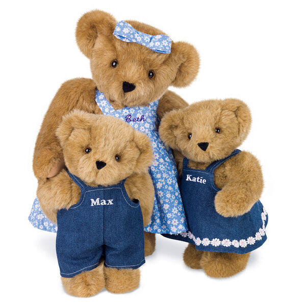 15" Mother Bear - Standing jointed bear dressed in blue floral dress and hair bow personalized with "Beth" in purple on bodice of dress, with 2 11" cubs dressed in denim overalls and dress - Honey brown fur image number 1