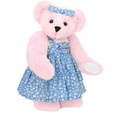 15" Mother Bear - Three quarter view of standing jointed bear dressed in blue floral dress and hair bow personalized with "Susan" in purple on bodice of dress - Pink fur image number 6