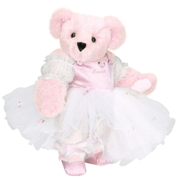 15" Ballerina Bear - Standing jointed bear dressed in pink satin and tulle dress and ballet slippers. Center front of dress is personalized with "Hannah" in bright pink lettering - Pink fur image number 4