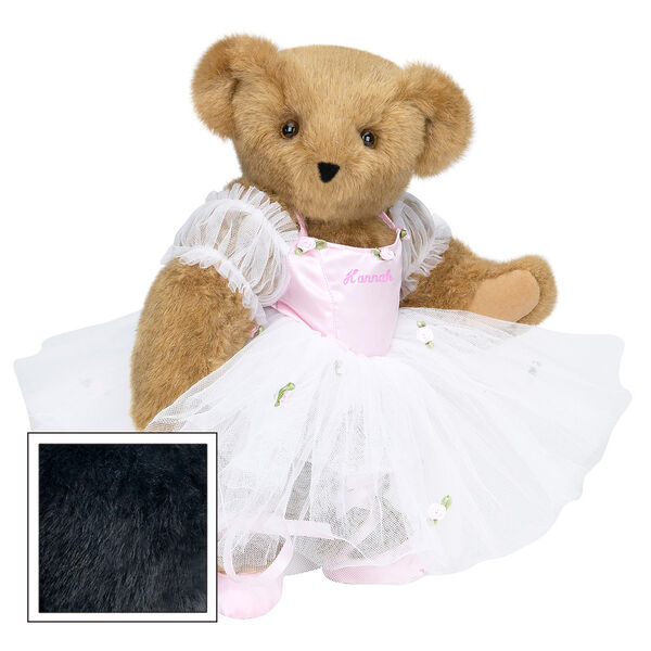 15" Ballerina Bear - Standing jointed bear dressed in pink satin and tulle dress and ballet slippers. Center front of dress is personalized with "Hannah" in bright pink lettering - Black fur image number 2