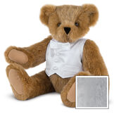 15" Special Occasion Boy Bear - Three quarter view of seated jointed bear dressed in a white satin vest and shirt front with bowtie - Gray image number 4