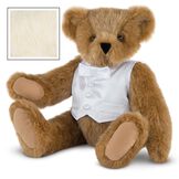 15" Special Occasion Boy Bear - Three quarter view of seated jointed bear dressed in a white satin vest and shirt front with bowtie - Buttercream brown fur image number 1