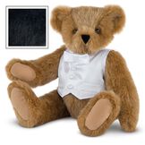15" Special Occasion Boy Bear - Three quarter view of seated jointed bear dressed in a white satin vest and shirt front with bowtie - Black fur image number 3