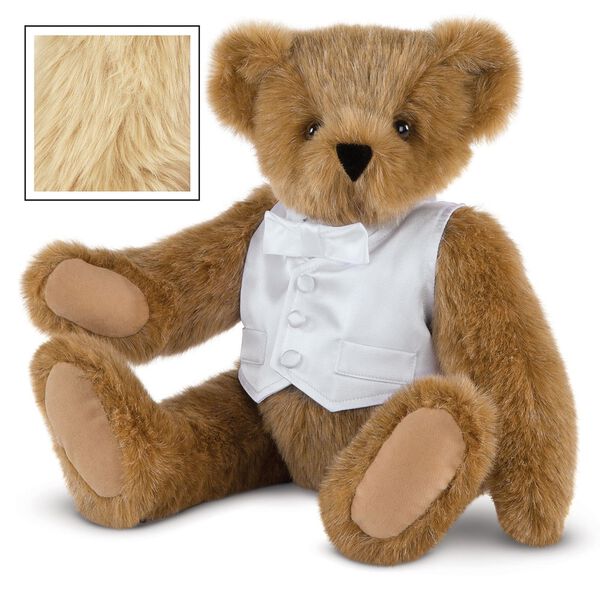 15" Special Occasion Boy Bear - Three quarter view of seated jointed bear dressed in a white satin vest and shirt front with bowtie - Maple brown fur image number 6