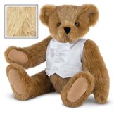 15" Special Occasion Boy Bear - Three quarter view of seated jointed bear dressed in a white satin vest and shirt front with bowtie - Maple brown fur image number 6