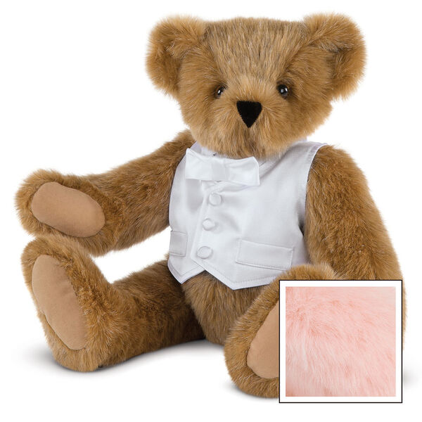 15" Special Occasion Boy Bear - Three quarter view of seated jointed bear dressed in a white satin vest and shirt front with bowtie - Pink image number 5