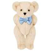 15" "It's a Boy!" Bow Tie Bear - Standing jointed bear dressed in light blue satin bow tie with "It's a Boy!" is embroidered on heart center - Buttercream brown fur image number 1