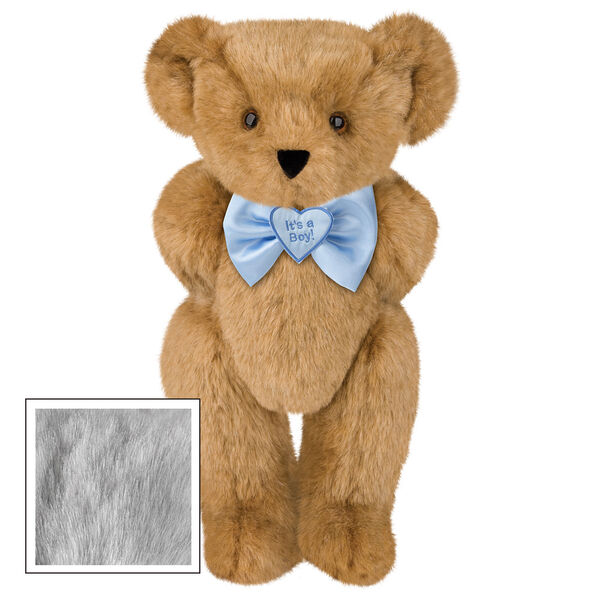 15" "It's a Boy!" Bow Tie Bear - Standing jointed bear dressed in light blue satin bow tie with "It's a Boy!" is embroidered on heart center - Gray fur image number 4
