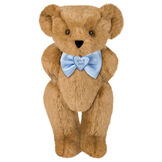 15" "It's a Boy!" Bow Tie Bear - Standing jointed bear dressed in light blue satin bow tie with "It's a Boy!" is embroidered on heart center - Honey brown fur image number 0