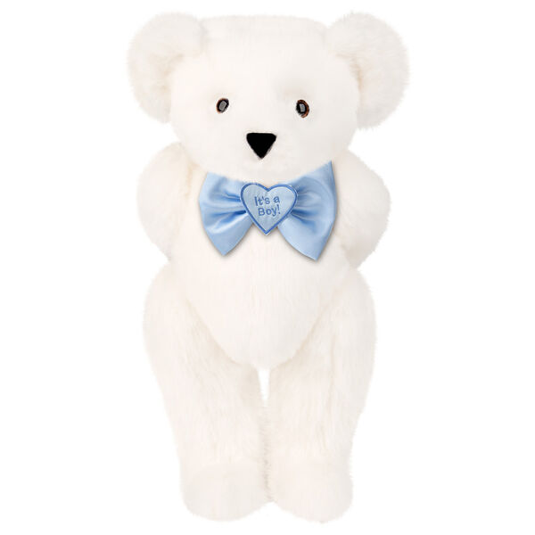 15" "It's a Boy!" Bow Tie Bear - Standing jointed bear dressed in light blue satin bow tie with "It's a Boy!" is embroidered on heart center - Vanilla White fur image number 2