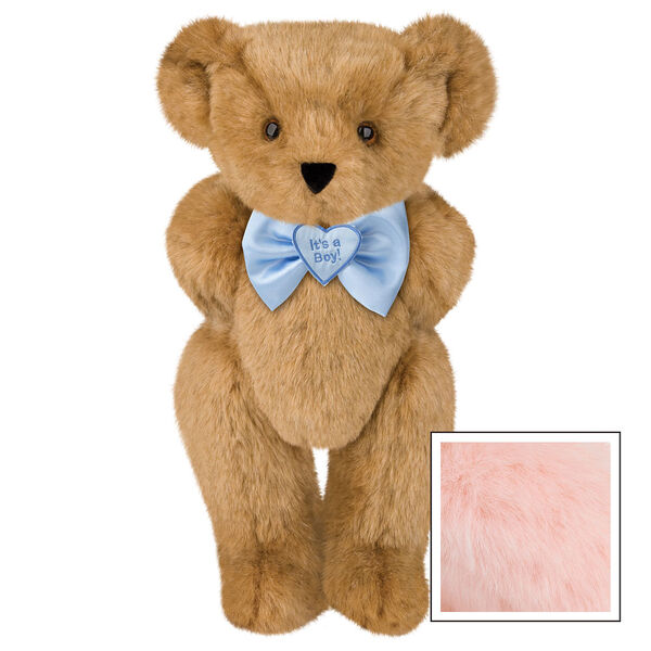 15" "It's a Boy!" Bow Tie Bear - Standing jointed bear dressed in light blue satin bow tie with "It's a Boy!" is embroidered on heart center - Pink image number 5