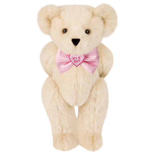 15" "It's a Girl!" Bow Tie Bear - Standing jointed bear dressed in light pink satin bow tie with "It's a Girl!" is embroidered on heart center - Buttercream brown fur image number 1