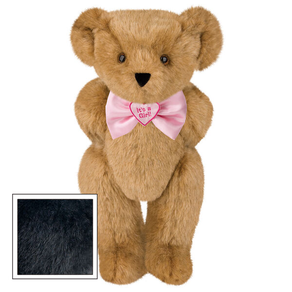 15" "It's a Girl!" Bow Tie Bear - Standing jointed bear dressed in light pink satin bow tie with "It's a Girl!" is embroidered on heart center - Black fur image number 3