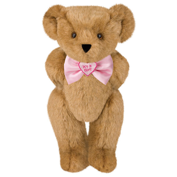 15" "It's a Girl!" Bow Tie Bear - Standing jointed bear dressed in light pink satin bow tie with "It's a Girl!" is embroidered on heart center - Honey brown fur image number 0