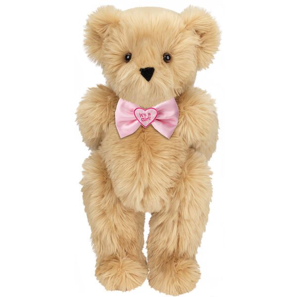 15" "It's a Girl!" Bow Tie Bear - Standing jointed bear dressed in light pink satin bow tie with "It's a Girl!" is embroidered on heart center - long Maple brown fur image number 6