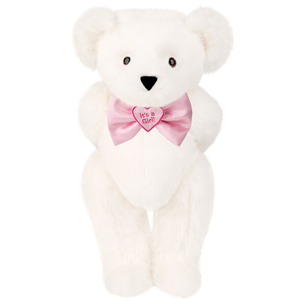 15" "It's a Girl!" Bow Tie Bear - Standing jointed bear dressed in light pink satin bow tie with "It's a Girl!" is embroidered on heart center - Vanilla White fur image number 2