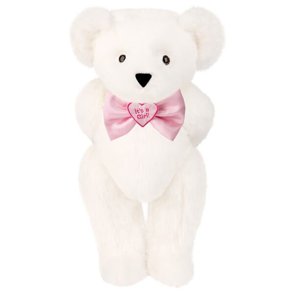 15" "It's a Girl!" Bow Tie Bear - Standing jointed bear dressed in light pink satin bow tie with "It's a Girl!" is embroidered on heart center - Vanilla White fur image number 2